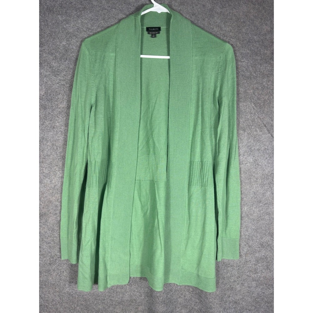 Talbots Green Pure‎ Merino Wool Open Front Cardigan Ribbed Waist Sweater Small